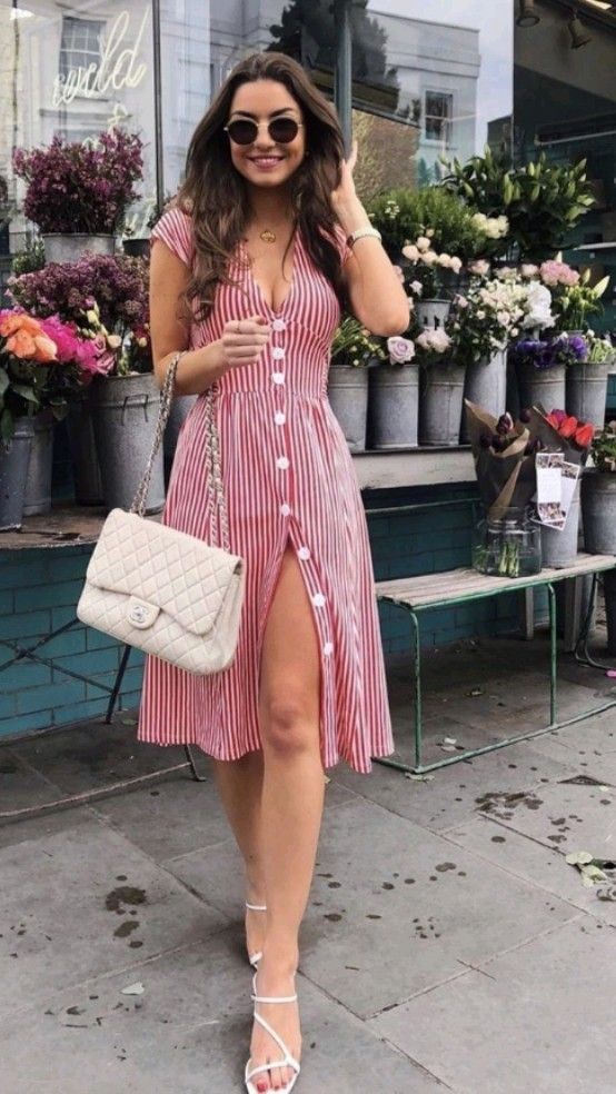 red striped button-front midi dress, perfect for a classic tea party